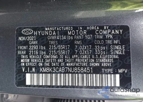 2022 Hyundai Kona Sel z USA, uszkodzony, nr VIN KM8K3CAB7NU858451